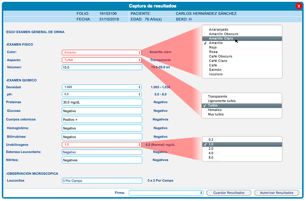 ejemplo de pantalla con catálogo de respuestas del software para laboratorios InterLAB